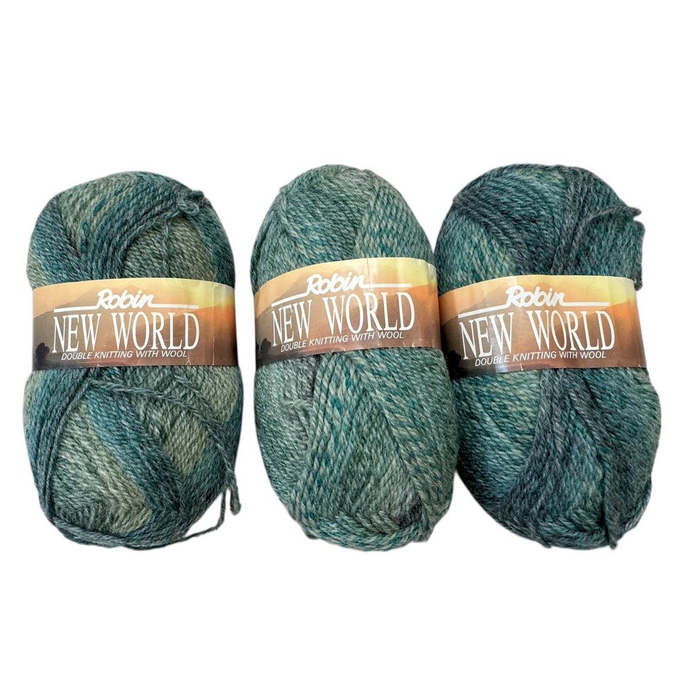 Vintage ROBIN New World Wool Blend Yarn 3 Skeins Blue Marled Acrylic England